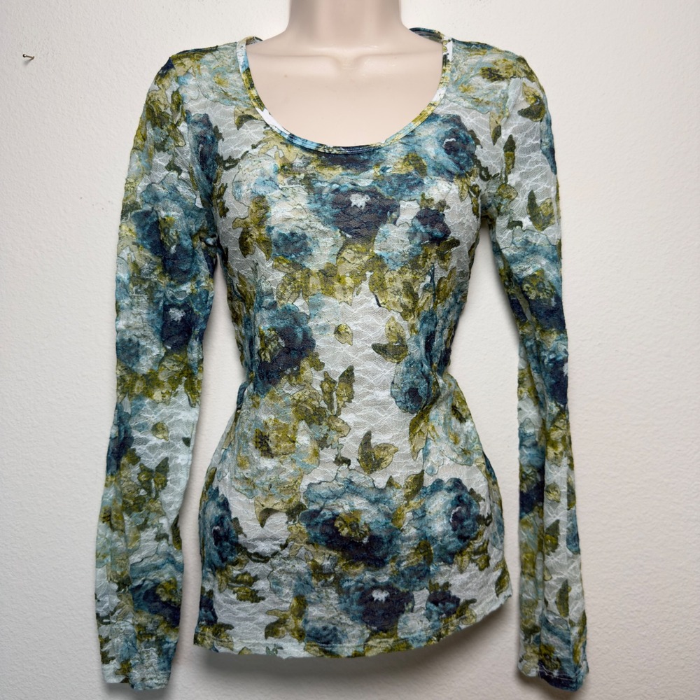 Mudd y2k Women Micro Mesh Top Large Green Floral Lace Long Sleeve Cyber Egirl
